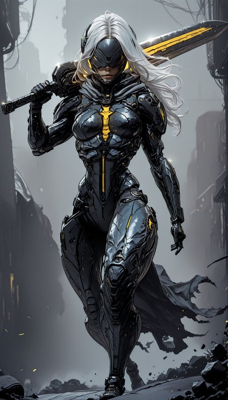 An4chr0t3ch,, covered eyes, headgear,,    holding weapon, fighting stance, holding  buster sword,huge weapon,, WCG-Illu,, kaarea masterpiece, best quality, high quality, ultra-detailed, realistic,  traditional media, vivid_color, high contrast, speed lines, move_effects, action Create a detailed digital artwork of a futuristic armored figure standing in a desolate, industrial setting. The figure is clad in sleek, dark metallic armor with a cross emblem on the chest and a flowing cape that billows behind them. The armor is adorned with various mechanical components, and the figure wields a long, sharp weapon with a metallic sheen. The background is a muted gray, with a structure that appears to be part of a larger industrial facility, and there are yellow and black stripes on the ground. The overall color palette is dominated by shades of gray, black, and silver, with splashes of white and yellow. The style of the artwork leans towards a cyberpunk or dystopian theme, with the figure exuding a sense of readiness and vigilance. 1girl, solo, long_hair, breasts, holding, full_body, white_hair, weapon, sword, holding_weapon, armor, mask, bodysuit, holding_sword, science_fiction, walking, over_shoulder, cyborg, weapon_over_shoulder, cyberpunk, An4chr0t3ch,, covered eyes, headgear,,    holding weapon, fighting stance, holding  buster sword,huge weapon,, WCG-Illu,, kaarea