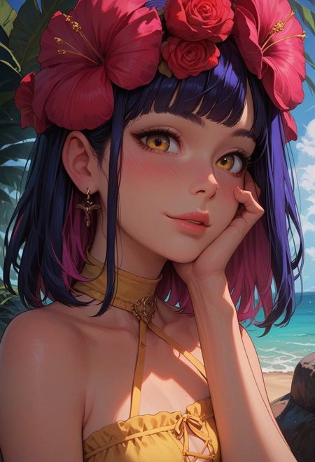 score_9_up, score_8_up, score_7_up, score_6_up, 1girl, 25 years old, perfect face, cute, petite,
detailed face, blush, shy smile, portrait, face focus, depth of field, looking at viewer, close up,   
yellow eyes, 
medium hair, multicolored hair, pink hair, purple hair, blue hair, hair flower, bangs,
tucking hair,
yellow sundress, sleeveless dress, strapless dress, hand on own ear,
beach