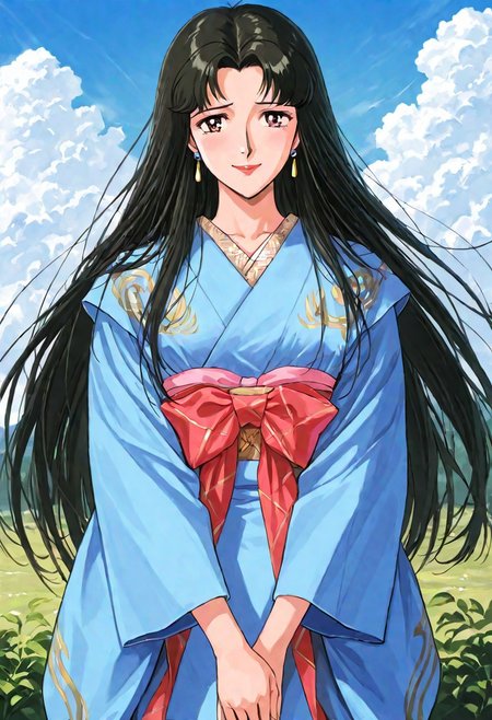 RTKXI style, 1990s_\(style\),retro_artstyle,1woman,mature female,black_hair,long_hair,bangs,blue_Japanese_Kimono,earrings,looking at viewer,,(detailed face,shy,smile,red_lips), ,outdoor,blue_sky,cloud,BREAK score_9, score_8_up, score_7_up, source_anime,masterpiece, best quality,official art,perfect_anatomy
 (best quality) , (highly detailed) ,((masterpiece)), ((best quality)), (ultra-detailed), ((extremely detailed)), (high resolution), 4K, (8K), best quality, (beautiful), (dynamic lighting),