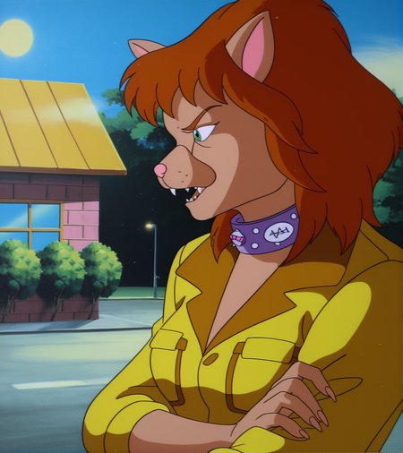 catwoman_from_channel_six, yellow jumpsuit, rolled up sleeves, white belt, 1girl, solo, green eyes, cat ears, purple collar, open mouth, fangs, sharp teeth, upper body, medium breasts, outdoors, grass, building, night, from side, profile, retro_artstyle, cartoon, source_cartoon, lowres, 1990s_(style), <lora:The_Catwoman_from_Channel_Six:1>
