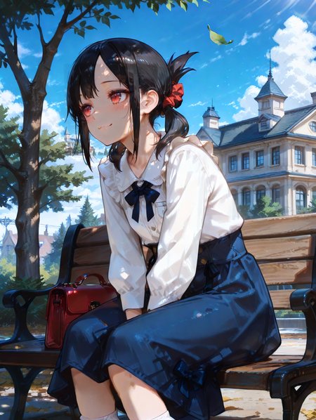 perfect quality,high quality,masterpiece,best quality,amazing quality,very aesthetic,absurdres,Cinematic Lighting,newest,Tactical use of shadow,
1girl,solo,black hair,folded ponytail,bangs,short hair,parted bangs,hair ribbon,red eyes,ShinomiyaKaguyaCYQL,,
sitting,bench,outdoors,smile,scrunchie,tree,shoes,day,lookingatviewer,bag,skirt,twintails,longsleeves,sky,socks,dappledsunlight,leaf,shade,shirt,frills,handbag,lowtwintails,blush,whitesocks,puffysleeves,sunlight,maryjanes,cloud,whiteshirt,building,varms,dutchangle,closedmouth,bobbysocks,bluesky,redfootwear,blueskirt,treeshade,parkbench,park,bow,,
<lora:USNR STYLE_XL_loha:0.45>,usnr,<lora:spo_sdxl_10ep_4k-data_lora_webui:0.5>,<lora:illustrious_all_rated_v1:0.6>,<lora:ponyv5_noobV065S_1_adamW:0.7>,<lora:748cmSDXL:0.8>,748cmstyle,<lora:DarkerThanBlackIllustrious:0.5>,<lora:lora.by_tusi:1>,