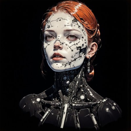 The image is a cyberpunk digital portrait of a young woman with redhead hair and black eyes. She has a futuristic and futuristic look with intricate designs on her face and neck. The background is a solid black color, and the woman's face is covered in white lines and dots, giving her a futuristic appearance. The lines are arranged in a symmetrical pattern, creating a sense of depth and dimension. The woman's expression is serious and her eyes are looking directly at the viewer. The overall mood of the image is intense and futuristic.