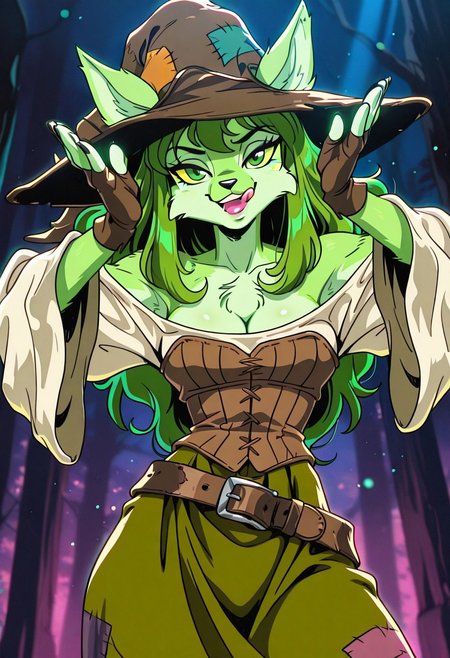 SophieSW, 1girl, solo, furry female, anthro, green hair, long hair, wavy hair, animal ears, patchwork brown witch hat, yellow sclera, green eyes, black snout, green fur, patchwork clothes, white shirt, wide sleeves, large breast, cleavage, brown corset, belt, green patchwork skirt, thick thighs, brown fingerless gloves, bare shoulders, ears through headwear,
,seductive pose, sexy pose, tease, 
masterpiece, best quality, fine details, intricate details, depth of field, subsurface scattering, bokeh,
 ultra-detailed, very aesthetic, detailed background, newest, scenery, highres, absurdres, colorful, vibrant, glowing, perfect face, 2d, perfect eyes,  vibrant saturated colors, volumetric lighting, sharp, detailed eyes, perfect anatomy,  perfect face, perfect eyes, mature body, clear eyes, beautiful eyes, athletic, curvy body, athletic girl, perky tits, perfect tits, round breasts, pinup pose, teasing, lustful expression, perfect hands, 
muscular female, dutch angle, 
arms up, armpits, open mouth, licking lips, head tilt ,armpits focus,
,Smooth Negative, Smooth_Quality,
90s_anime_aesthetic, 1990s (style), dark_fantasy_style, dark fantasy, retro,, retro artstyle
