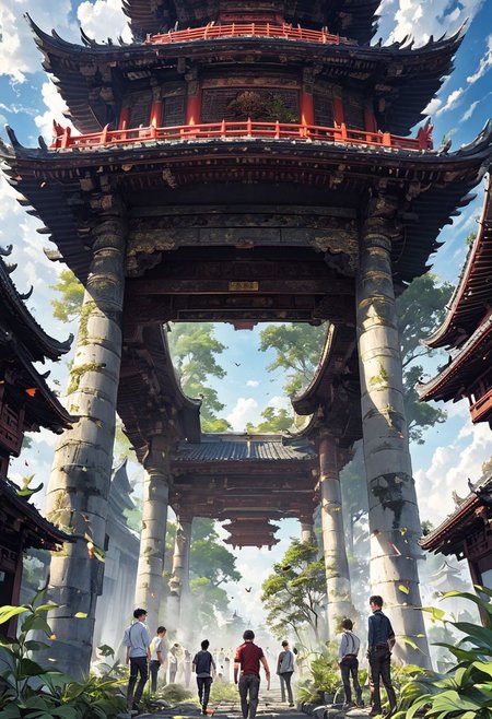 bug, sky, pagoda,temple,  torn pants, multiple boys, forehead mark, blurry, plant