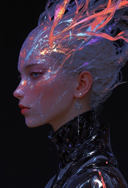 A hyper-realistic close-up portrait of a model’s face and upper body, dressed in a sleek black dress with a subtle metallic sheen. The dress is simple, focusing attention on the oversized surreal mesh veil draped over her head. The veil is made of translucent, flowing material in neon hues—electric purple, cobalt blue, and neon orange—creating a swirling, fragmented pattern with a surreal texture. Her hair is styled in a sleek high bun, and her makeup is minimal, enhancing her natural beauty. She wears a minimalist black choker, complementing her understated outfit. The shot is captured with a 50mm lens, f/1.4 aperture, using shallow depth of field to keep the model’s face and veil in sharp focus while the dark background softly blurs. Cinematic lighting gently highlights the veil’s texture, casting a halo effect around it, and illuminates the model’s face. The contrast between the dark background and the neon veil creates an ethereal, surreal mood. The lighting emphasizes the veil’s intricate pattern, while the color palette of neon against black enhances the avant-garde atmosphere. The overall mood is mysterious, elegant, and captivating, captured in HD and 8K for a polished, high-quality result. mythp0rt