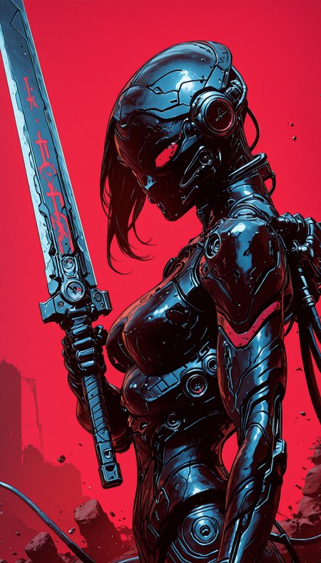 holding weapon, fighting stance, holding  buster sword,huge weapon,, WCG-Illu,, kaarea masterpiece, best quality, high quality, ultra-detailed, realistic,  traditional media, vivid_color, high contrast, speed lines, move_effects, action Create a detailed digital artwork of a futuristic humanoid figure. The figure is depicted in a side profile, showcasing a sleek, white and black design with intricate mechanical details. The background is a vivid red, which contrasts sharply with the figure's white and black colors, emphasizing its form and the mechanical elements. The style should reflect a sci-fi or cyberpunk aesthetic, with a focus on high-tech elements and a sense of advanced technology. 1girl, solo, breasts, simple_background, upper_body, from_side, no_humans, robot, red_background, science_fiction, cable, joints, robot_joints, mechanical_parts, humanoid_robot,    holding weapon, fighting stance, holding  buster sword,huge weapon,, WCG-Illu,, kaarea