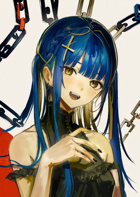 by   iwzry 
 1girl, solo, hair rings, chain, yellow eyes, blue hair, red background, long hair, looking at viewer, braid, jewelry, open mouth, hair ornament, fangs, bangs, teeth, mole, dress, simple background, black nails, fingernails, cross, bare shoulders, chinese clothes, upper body, nail polish
anime,
 best quality, masterpiece,