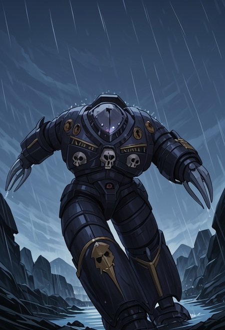 score_9, score_8_up, score_7_up, source_anime, cowboy shot, side view, BREAK, (looking up, running, msv_zgok_armor) 1mech, mech focus, solo, BREAK, white to grey background, cold lighting, score_9, score_8_up, score_7_up, source_anime, cowboy shot, side view, dutch angle from below, BREAK, ( ) 1mech, mech focus, solo, BREAK, water, ruins, overcast, cloudy sky, rain clouds, broken concrete, dirty, (score_9, score_8_up), score_7_up,  <lora:PonyImperialF40k:0.8> ImperialF40k, power armor, GreyK40k, gold trim, skull decorations, gold edges,