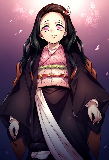 (zPDXL3),
(zPDXLxxx),
score_9, score_8_up, score_7_up,
Kamado_Nezuko,
Kimetsu no Yaiba,
pink_eyes, black_hair, long_hair, gradient_hair, flat_chest,
pink_eyes, black_hair, long_hair, gradient_hair, flat_chest, hair_ribbon, pink_kimono, chekered_sash, wide_sleeves, haori,
middle shot,
from below,