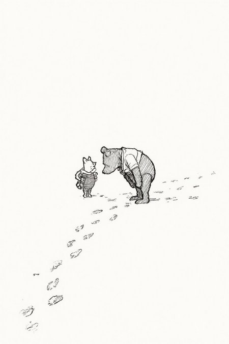 ehshep1 sketch.
Winnie-the-Pooh and Piglet are looking at footprints on the ground. <lora:ehshep2_cap_d6a3e12:1.0><lora:825901535331414692:0>