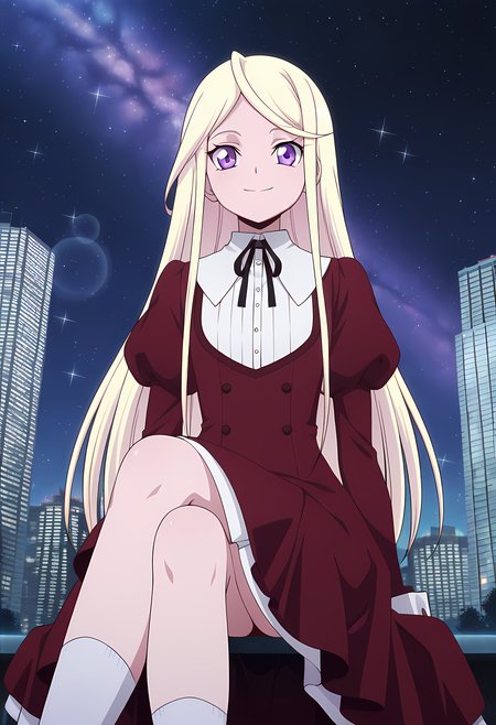 masterpiece,best quality,amazing quality,

1girl, solo,

Senka Kanae (Cardfight Vanguard), blonde hair, long hair, purple eyes, red dress, neck ribbon, black ribbon, buttons, long sleeves, juliet sleeves, puffy sleeves, white socks, 

Smile, looking at viewer, 

cinematic, cross legs, crossing legs, 

Outdoors, On top skyscraper, sci-fi city, star (sky), 

Lens flare, bloom,

Official style, anime screencap, anime coloring,














