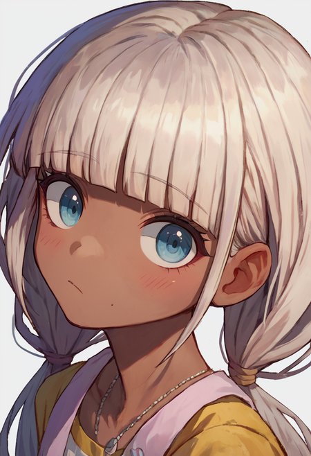 score_9_up score_8_up score_7_up, portrait, simple background
BREAK
score_9_up score_8_up score_7_up, yonaga angie, 1girl, bangs, long hair, grey hair, dark skin, dark-skinned female, twintails, blue eyes, blunt bangs, low twintails white hair
 <lora:danganranpa_v3_pony_d16:1>