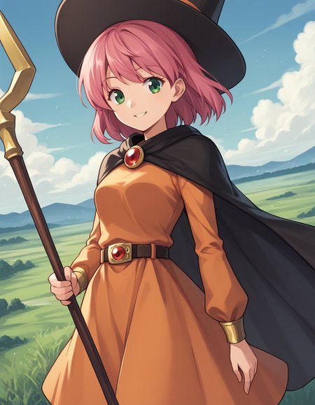 score_9, score_8_up, score_7_up, source_anime,
lennacharlottetycoon, <lora:lenna-charlotte-tycoon-ponyxl-lora-nochekaiser:1>,
short hair, green eyes, pink hair,
magicianlenna, bangs, long sleeves, hat, dress, belt, cape, staff, orange dress,
outdoors, landscape, smile,
looking at viewer, solo, cowboy shot, dutch angle,