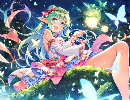 <lora:pony_xl_Cecile:0.8>,Cecile,score_9,score_8_up,score_7_up,source_anime,1girl,solo,looking at viewer,blush,smile,:d,open mouth,bare shoulders,white dress,Glowing Dresses,detached sleeves,thin pink skirt,ruffles,nature,fantastic,lens_flare,hair fluttering in the wind,hair_flaps,from_side,from_below,night,deep dark night,starry_sky,Shining Stars,luminescence butterfly,moonlight writing,sitting_in_tree,