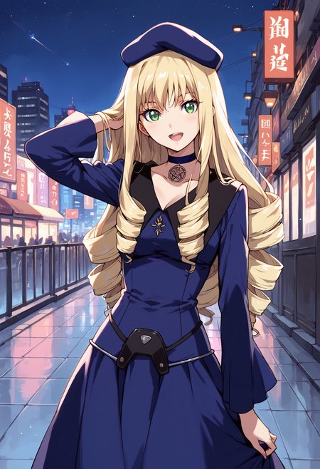 score_9, score_8_up, score_7_up, , score_ANIME , 1girl,adilisia, 1girl, solo, long hair, blonde hair, , drill hair, beret, blue dress, blue choker, open mouth, long sleeves <lora:adilisia_pony2:0.9> breasts,  cowboy shot,  long dress, looking at viewer, smile, night sky,  city lights,  cityscape, hand in own hair,