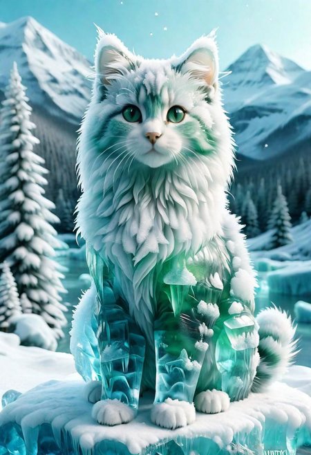 Cute maincoon kitten made of ral-glacial bright green glacial ice, go, kitten looking at the camera background is a Winterwonderland with Mountain and forest, (text on a little sign on left side says ("lucky green team")), full body, side view, happy,  transparent shiny body <lora:ral-glacial-sdxl:1>,