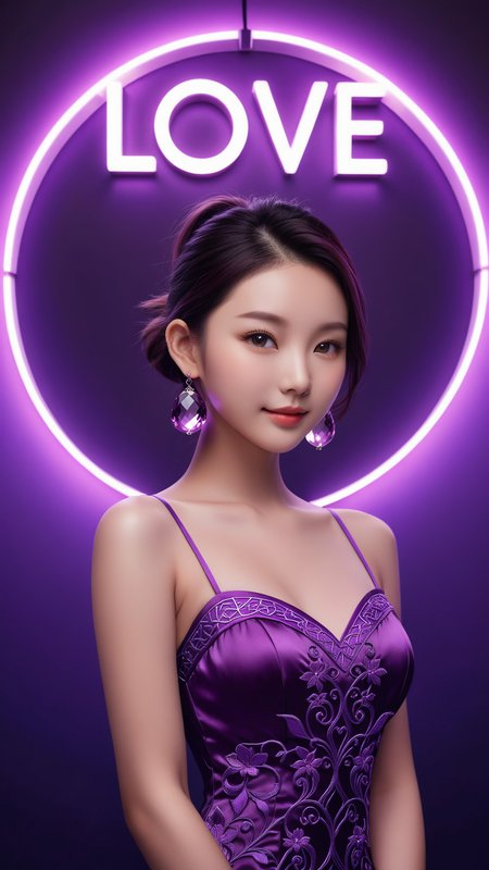 neonpunk style wallpaper,best quality,masterpiece,realistic,HDR,UHD,8K,Vivid Colors,Studio lighting,ultra-fine painting,sharp focus,physically-based rendering,Canon 35MM camera angle,art,(((1 beauiful Chinese girl holding a big Amethyst))),(((the amethyst with Stone carving pattern "Love"))),the girl 22 years old,full body,wear purple dress with embroidery,purple Ponytail hair,Amethyst earrings,medium breasts,Bare arms,collarbones,cute face,slender,brown eye ball,bright pupils,shy,light blush,happy,sexy pose,smile,detailed hand,indoor,ambient light,add more details,moden,hand,coral dress,,,,neon,text logo " Love",<lora:detailed_hands:1>,<lora:coraldress:0.6>,<lora:Harrlogos_v1.1:1> . cyberpunk, vaporwave, neon, vibes, vibrant, stunningly beautiful, crisp, detailed, sleek, ultramodern, magenta highlights, dark purple shadows, high contrast, cinematic, ultra detailed, intricate, professional