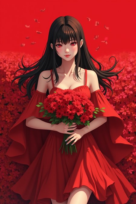 Spreading the petal wings,a beautiful woman with her hair down with a bouquet of flowers, 1girl, solo, flower, red background, dress, looking at viewer, red eyes Maximum facial details, Maximum detailed textures, Maximum detailed shadows, Maximum detailed backgrounds Maximum Facial Detail, Maxi,beautiful composition, cinematic lighting, extremely detailed, 8k, cinematic postprocessing, {{bad fingers,bad-anatomy,missing-fingers}}, {{signature,watermark,username,artist name}}, {{retro style,poor-quality }},Hitoimim,snegovski_style, vibrant colors, bold lines, soft shading