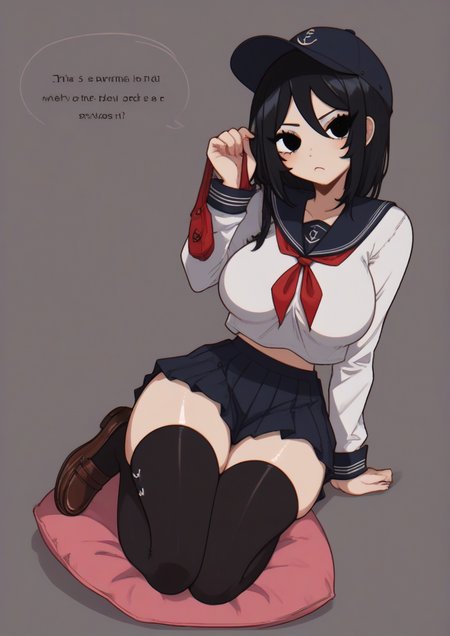 1girl, huge breast, css black girl, black hair, black eyes, anchor symbol, black sailor collar, black skirt, black thighhighs, brown footwear, cushion, english text, fingers together, flat cap, full body, hat, loafers, long sleeves, looking at viewer, neckerchief, pleated skirt, red neckerchief, sailor collar, school uniform, serafuku, shoes, skirt, solo, thighhighs, unhappy, unworn hat, unworn headwear,  <lora:CrystalSugarStars:1>