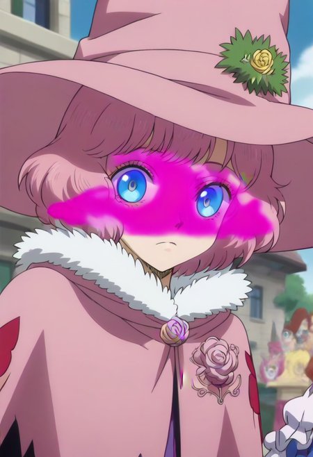 <lora:SlimesDorothy:1>, slimes_dorothyunsworth, pink witch hat, blue eyes with a pink outline, pink hair,,,,,,,,,,,,,,,,,,,,anime coloring, anime screencap, 1girl,Solo ,, anime,,,,official art,Uncensored,Unedited ,,,,,,,,,,,,,,,,,,,,,,,,