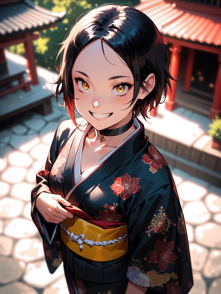 <lora:happy_tentacle-shizuko-v0.3-000024:0.9>, ht_shizuko, black hair, choker, (medium breasts:0.8), (yellow eyes:0.8) , cowboy shot, 1girl, solo focus,(smile:1), outdoors, shrine, kimono , , depth of field, from above, (petite:1.2), [(realistic, photorealistic:1.2):(realistic:1.3):22], [(3d:1.3)::12], <lora:LUUNA's Lunas-NijiJourney-SDXL-B2:0.5>, nijijourney, <lora:prgfrg23's Counterfeit-V3.0 Style SDXL_LoRA_Pony Diffusion V6 XL:0.35> <lora:mfcg's mfcgXL:0.1> <lora:Shed_The_Skin's StS_age_slider_v1_initial_release:-1.1>, score_9, score_8_up, score_7_up, score_6_up, score_5_up, score_4_up,