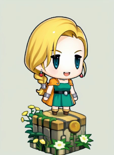 score_9, score_7_up, source_anime, solo, 1girl, happy, open mouth, <lora:zs_PictlogicaStyleXL:1> ffpictlogicastyle, chibi, full body, faux figurine, <lora:dqbianca-pdxl-nvwls-v1:1> dqBianca, single braid, hair over shoulder, earrings, choker, orange cape, green dress, belt, boots