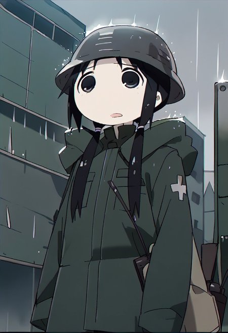 score_9, score_8_up, score_7_up, source_anime,chito, black hair, black eyes, long hair, low twintails, 1girl, solo, open mouth, military helmet, rain, helmet, uniform, military, :o, military uniform, twintails, coat