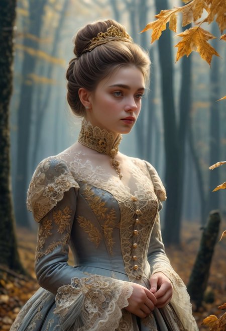 epiCRealism, masterpiece, highly detailed, one girl in a extremely detailed Victorian dress, lace and embroidery with golden leaves and pearls, hair made in a high bun, she walks alone through a late autumn forest in a cold morning, the Sun has just risen and timid sun-rays pierce the autumn leafs and reaches the early mist that clings to the earth, time stands still while  early snowflakes falls from a grey sky