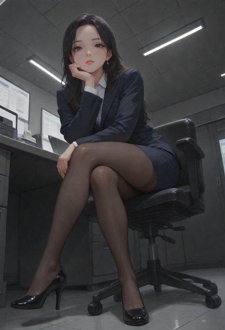 best quality, amazing quality, very  esthetic, newest, scenery, high-resolution, masterpiece, overlooking, looking at viewer, low angle, front side, detail eyes, 
1girl, cool, confident, mature, lure, slutty, no bang, sitting on chair, office chair, cross legs, lay on side, hand on chin, solo ,black hair, long hair, short skirt, black suit, earrings, black pantyhose, luster pantyhose, detail pantyhose, high heel, doesn't wear high heel tightly, 
detail background, senior office, Realistic style, dark, turn off light.