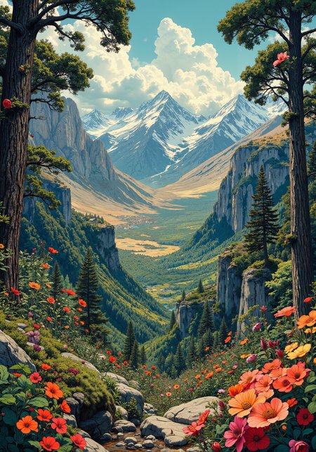 Airborne perspective, sweeping panoramic vista of a multifaceted natural collage: lush emerald forest, arid sunlit desert, majestic snow-capped mountains, radiant coastal cliffs, and deep verdant valleys. Intricate textures, 8k masterpiece quality, vibrant color gradients, dramatic lighting, soulful atmosphere. Close-up details of dewdrop-kissed petals, weathered bark, and rich natural fibers; dynamic eye-level, low-angle, and tracking compositions emphasizing refined spatial harmony and breathtaking scale. Ethereal hues, crystalline reflections, sublime natural mosaic, timeless tranquility, and elemental splendor. <lora:openart_Surreal_Anime_III_20250104_025344:0.3> <lora:ck-charcoal-drawing-000014:0.2> <lora:RM_JamesJean_v0.5:0.3> <lora:New_Fantasy_CoreV4_FLUX:0.3> <lora:RetroAnimeFluxV1:0.5> <lora:flux_dev:1>