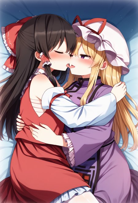 score_9, uncensored, source_anime, 2girls, lying, indoors, yuri, dutch angle, light particles, hug, kiss, french kiss, tongue out, open mouth <lora:shnva_pony_v1:1>
2girls, hakurei reimu, lying, on back, hug, kiss, french kiss, tongue out, open mouth, long hair, medium breasts, blush, (shy:1.1), long hair, black hair, long sleeves, dress, bow, ribbon, hair between eyes, bare shoulders, closed eyes, sidelocks, frills, detached sleeves, wide sleeves, red bow, red ribbon, looking at another, ascot, hair tubes, eye contact, frilled shirt collar, ribbon-trimmed sleeves, sarashi
2girls, yakumo yukari, lying, grin, hug, kiss, french kiss, tongue out, open mouth, large breasts, long hair, blonde hair, long hair, brown hair, long sleeves, dress, thighhighs, hat, bow, ribbon, purple eyes, hair bow, frills, wide sleeves, looking at another, white thighhighs, white headwear, (mob cap:1.1), hat ribbon, ribbon trim, eye contact, frilled shirt collar, ribbon-trimmed sleeves, tabard <lora:Touhou_pony:1>