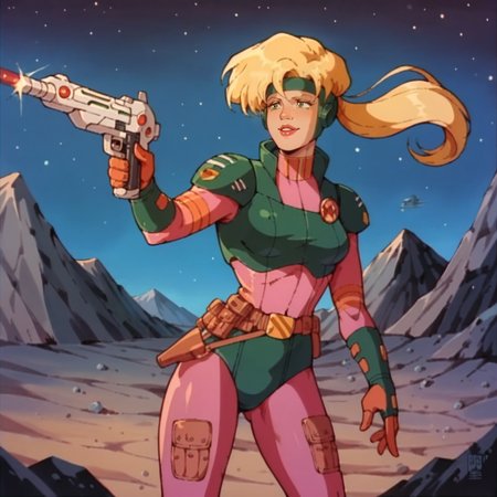 score_9, score_8_up, score_7_up, score_6_up, score_5_up, score_4_up,  <lora:NaraBurns_XL:1> naraburns, blonde hair, green eyes, lips, ponytail, headband, smile, standing, full body, space, night, cartoon, flat colors, retro artstyle,1980s (style), armor, bodysuit, gun, shooting laser,