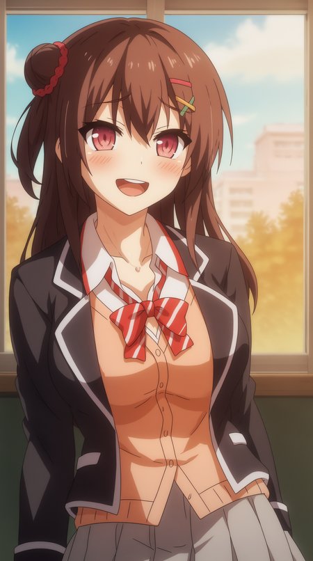 score_9, score_8_up, score_7_up, best background, detailed background, 4k, upscale, anime_source,  Amasaki Ayame, solo, blush, smile, open mouth, skirt, jacket, school uniform, window, blazer  <lora:JN_Amasaki_Ayame_Pony:0.8>