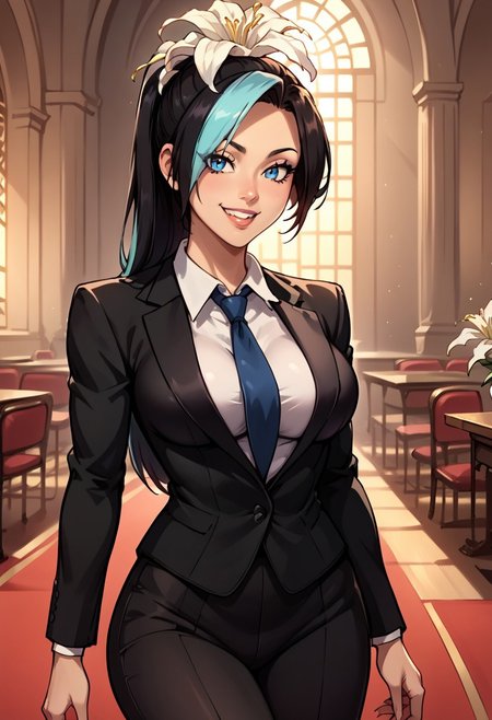 LilyOPM, 1girl, solo, fair skin, black hair, long hair, hair flower, white flower, lily flower, multicolored hair, high ponytail, hair over one eye, bangs, blue eyes, lips, large breast, white shirt, collar, black jacket, black pants, formal suit, business suit, buttons, tie, shoes, high heels, wide hips, tight pants,
seductive pose, sexy pose, tease,  in the spotlight,,
smile, ,
score_9, score_8_up, score_7_up, beautiful aesthetic, very intricate, high quality details,vibrant, highly detailed, award-winning, professional,anime artwork, anime style, studio anime, athletic, curvy body, athletic girl, perky tits,large breast,perfect tits, round breasts, nipple outline,looking at viewer, pinup pose,teasing, dynamic lighting, cinematic, smug, better than you, aura of temptation, highly detailed, high resolution, masterpiece, detailed clothes, detailed background, highly detailed, ((sound effects)) comic layout,