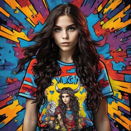 cartophoto studio photo of a beautiful viking girl with long curly black and red hair in a colorful t-shirt on a dark expressive background, very detailed <lora:cartophoto:1>