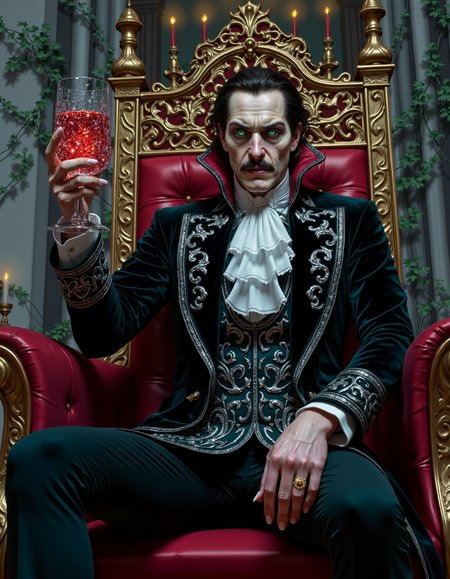 zavy-vmpr, Close-up shot from a low angle, a regal vampire with intricate silver filigree on his dark velvet cloak and piercing emerald eyes, slowly raising a crystalline goblet filled with a luminescent red liquid, surrounded by an opulent gothic throne room adorned with swirling ivy and flickering candlelight, captured in a dramatic chiaroscuro style reminiscent of Renaissance painting, featuring rich jewel tones interspersed with soft pastels.
