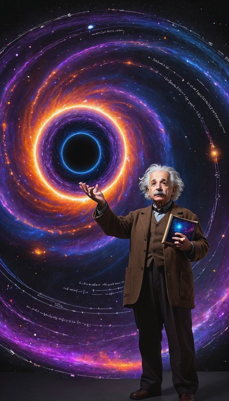 Albert Einstein standing in a cosmic void, holding a glowing chalkboard filled with intricate equations of quantum mechanics and general relativity in his right hand. In his left hand, he cradles a mesmerizing black hole, its event horizon swirling with vibrant hues of orange, blue, and purple, surrounded by a radiant accretion disk. Threads of quantum entanglement extend from the black hole, connecting to parallel worlds.
