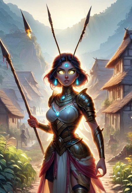glimmerborn, 1woman, holding a spear, village background