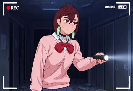 Score 9, Score 8, Score 7, Masterpiece, Superior Quality, Amazing Quality, Masterpiece, Maximum Quality, Ultra-detailed, Alone, White Frame, Maximum Contrast, Saturated Color, Bright Colors, Dynamic Lighting, alone, 20 years old, female body,
ayase_momo,
ayasemomo, hair between eyes, crossed bangs, green earrings,  brown hair, red eyes, black choker, short hair, white shirt, red bowtie,pleated skirt,school uniform, pink cardigan, long sleeves,
recording video, in an abandoned hospital, at night, nervous, afraid, flashlight in hand,