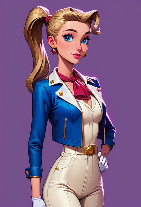 score_9, score_8_up, score_7_up, mgas, masterpiece, best quality, detailed eyes, detailed face, perfect eyes, high detailed, absurdres, highres, casual game art, mobile game art, merge 3 game art, character design, BREAK 1girl, woman, solo, mature, slim, aristocrat, discontented, disgruntled, medium breasts, blue eyes, light blonde hair, long hair, her hair is pulled back in a ponytail, single ponytail, gold triangular earrings with a red gemstone, pink lips, light pink eye shadow, red handkerchief tied around the neck, blue jacket with pointed shoulders, pink lapel, white jacket, white gloves with stripes, white pants, BREAK ((the right hand holding a small dog:1.5)), the left hand on the hip, standing, cowboy shot, semi-sideways, half-sideways, looks to the left, simple background, purple background