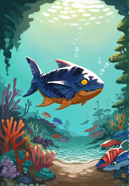 anime artwork score_9, score_8_up, score_7_up, best quality, high quality, highly detailed, cel shading, source_cartoon, <lora:Smooth Style LoRA XL:0.6> <lora:Ajonah_Crucible:1> ajonahcur , big feral fish, no pupils, ridged facial features, yellow eyes, blue scale, piunk fins, deep sea, underwater, ocean, coral reef, fish, tropical fish, floating , fish, moss, masterpiece, best quality, half body,