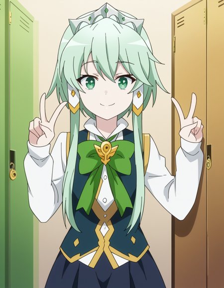 score_9, score_8_up, score_7_up, source_anime, <lora:lucia-rea-regulus-s2-ponyxl-lora-nochekaiser:1>, lucia rea regulus, long hair, green eyes, sidelocks, green hair, hair tubes, short hair with long locks,, skirt, long sleeves, dress, bow, pantyhose, bowtie, black pantyhose, green bow,, school hallway, lockers, between classes, everyday life, smile, v, v over eyes,, looking at viewer, solo,, dutch angle, cowboy shot