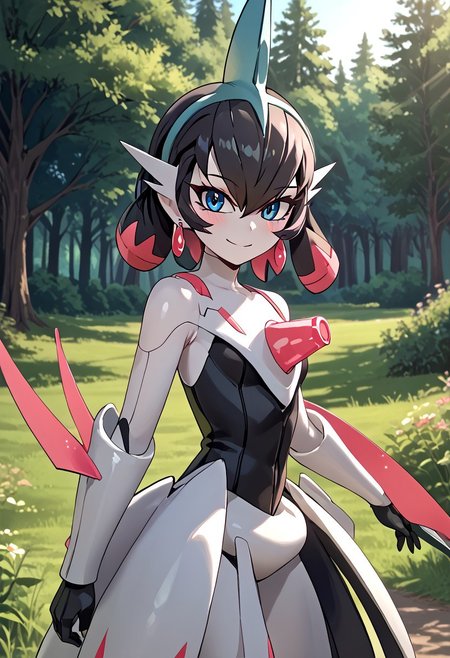 score_4,score_5,score_6,score_7_up,score_8_up,score_9 ((masterpiece,best quality,ultra detailed,highres,HD,4k:1.2)), 
1 girl,solo,face focus,
((ironvaliantsv,pokemon (creature), solo,colored skin, white skin:1.2)),
short hair,black hair,multicolored hair,Inner color pink hair,blue eyes,tattoo,black head gear,earrings,small breast,
outdoors,in the forest,day,
standing,
smile,.blush,light smile,