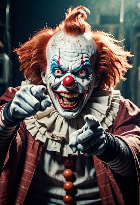(Pointing Finger At Viewer), a vintage photo depicting a mechanical hybrid seer cyborg giant costumed AS Horror Freak Clown emerging from a tattered linen cloak, adorned with numerous eyes, infront a dystopian, neon dark backdrop, distorted shapes,
very detailed, atmospheric haze, Film grain, cinematic film still, shallow depth of field, highly detailed, high budget, cinemascope, moody, epic, OverallDetail, gorgeous, 2000s vintage RAW photo, photorealistic, candid camera, color graded cinematic, eye catchlights, atmospheric lighting, skin pores, imperfections, natural, shallow dofintricate, elegant, fantasy art, portrait, dark, retro, ecstatic, plain, powerful, realistic, profoundly red dark color