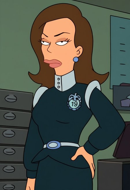 Score_9_up, score_8_up, score_7_up, BREAK 1girl, solo, morganfu, earrings, brown hair, unifrom, badge, skirt, belt, long hair, hand on hip, office