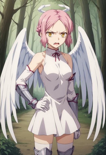 1girl, short hair, pink hair, sidelocks, french braid, yellow eyes, disgust, angel wings, medium breasts, white dress, elbow gloves.  thighhighs, greaves, cowboy shot, outdoors, forest, hand on own hip, disgust, contrapposto, dynamic pose, open mouth <lora:Hachiel_Queens_Blade_XL:0.8>, score_9, score_8_up, score_7_up, score_6_up, score_5_up, score_4_up, BREAK source_anime, masterpiece