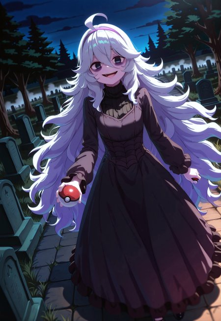 1girl, Shadwo, black eyes, white hair, grey hair, very long hair, messy hair, hair between eyes, ahoge, bags under eyes, gradient hair, multicolored hair, purple highlights, purple tips, purple streaked hair, masterpiece, best quality, absurdres, 
(cosplaying hex maniac), hex maniac dress, long dress, black dress, spiderweb pattern, frilled sleeves, purple hairband, makeup,  
outdoors, nature, graveyard, night, dark environment, spooky, fog,
solo, standing, full body, dynamic pose, dutch angle, looking at viewer, happy smile, open mouth, holding pokeball,
intricate, highly detailed, majestic, shallow depth of field, movie still, circular polarizer, moody