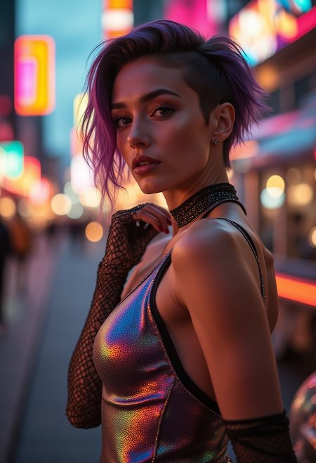 A stunning, confident 40-year-old woman with an elegant yet bold appearance, posed against the backdrop of a futuristic city at dusk. She has luxurious, multi-colored short hair with a side-shaved cut, exuding sophistication and charisma. Dressed in a fitted, stylish iridescent metallic leotard with subtle fishnet details, her outfit includes matching fishnet gloves and a choker that glow gently under neon lights. Her expression radiates self-assurance as she strikes a poised, arching-back pose, highlighting her strength and presence. The warm summer ambiance enhances the vibrant cityscape, with neon accents adding depth and allure to the scene. High-resolution, realistic photo with detailed lighting and textures
