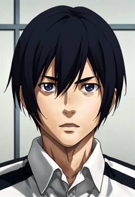((masterpiece)), ((best quality)), ((ultra-detailed)), score_9_up, score_8_up, score_7_up, HD, top quality, best quality, High-quality illustrations, anime screencap, perfect anatomy, 1male, 1boy, solo male, male focus, anime, anime boy, male anime character, sexy, tall body, tall height, lean body, slim body, Kiyoshi Fujino, black hair, black eyes, black striped white prison clothes, ((profile facial shot, close up of face shot))