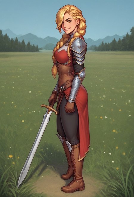 1girl, illustration, looking at viewer, highly detailed, from front,1girl, looking at viewer, highly detailed, skinny, looking at viewer, 1girl, masterpiece, best quality, ((((side view)))), Her , full body portrait, 1girl, <lora:agrias-nvwls-v3:1> agrias, armor, corset, dark red dress, brown gloves, weapon, cross-laced boots, looking at viewer, sidelocks, braided ponytail, yellow eyes, Romance, sci-fi, artificial intelligence, highly detailed
BREAK 
slight smile, looking at viewer, 
BREAK 
long hair, blonde hair, hair over one eye, big hair, 
BREAK 
best quality, depth of field, bokeh, (((full clothed)))  (best quality, high detail), ((masterpiece)), ((ready to fight, holdind big sword in hands)), <lora:1_ino_20e:1>
BREAK 
((((((field, mill)))))) score_9, score_8_up, score_7_up, score_6_up, source_cartoon, rating_explicit, Expressiveh, (((((full body))))), dynamic pose
